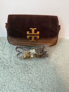 Women's Brown Suede & Leather Crossbody with Gold Logo